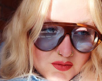 Oversized 70s brown aviator sunglasses blue tinted lenses - BRUCE