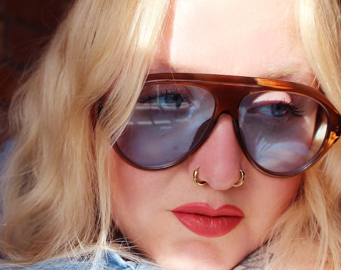 Oversized 70s brown aviator sunglasses blue tinted lenses - BRUCE