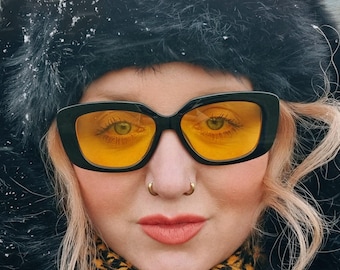 90's style chunky rectangular black sunglasses with yellow tinted lenses - MEL