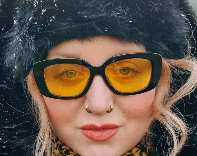 90's style chunky rectangular black sunglasses with yellow tinted lenses - MEL