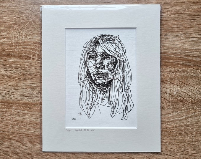 Original art continuous line drawing 'Mel' - Doodle Babes series - size 10" x 8" with mount - freehand black & white illustration