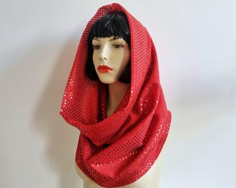 Shiny sequin hood scarf Empress snood dark red handmade cowl