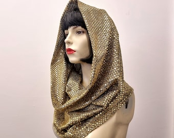 Shiny sequin hood scarf Empress snood dark gold bronze handmade cowl