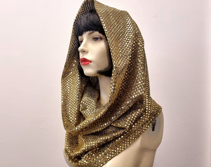 Shiny sequin hood scarf Empress snood dark gold bronze handmade cowl