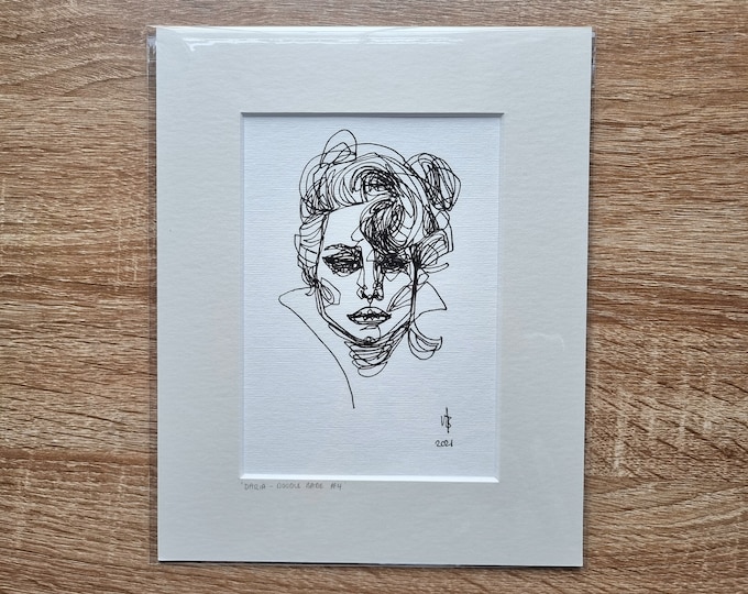 Original art continuous line drawing 'Daria' - Doodle Babes series - size 10" x 8" with mount - freehand black & white illustration