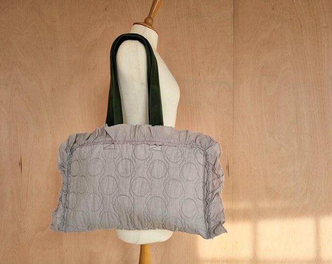Handmade unique grey cotton quilted ruffle tote shoulder bag