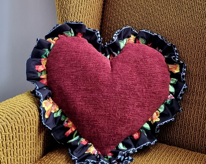 Handmade heart cushion dark red with black floral ruffle trim
