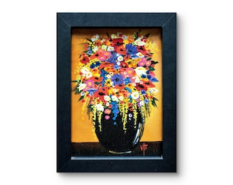 Original acrylic flowers in vase painting on canvas with black frame - Flowers Overflowing (7x5")
