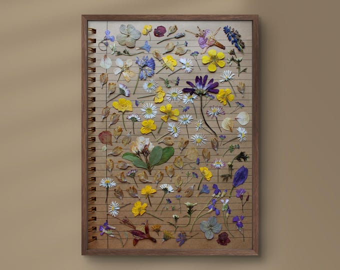 April, May & June - Spring Summer white yellow purple blue pressed flowers photograph size A3 art print