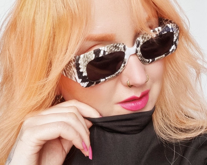 Chunky snakeskin rectangular sunglasses black tinted lenses NANCY