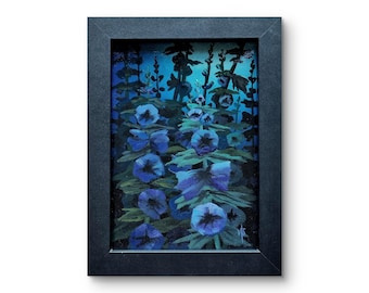 Original acrylic Hollyhocks painting on canvas with black frame - Night Garden (7x5")