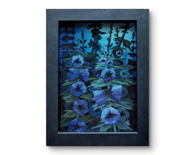 Original acrylic Hollyhocks painting on canvas with black frame - Night Garden (7x5")