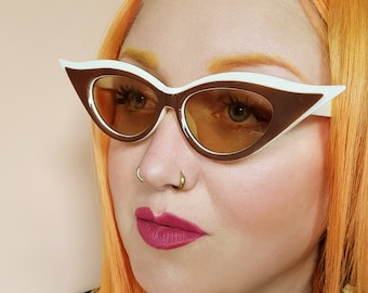 50s cateye sunglasses retro brown & cream pointed wing with tea tinted lenses - AUDREY