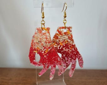Handmade 'OK' hand gesture charm Earrings – upcycled Jewellery red yellow orange pink