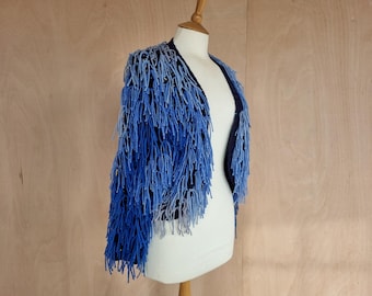 Handmade shaggy navy cardigan with baby blue & cobalt fringing Size L