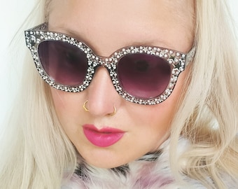 Elvis 70's 90's retro oversized grey disco sunglasses with silver stars & ombre tinted lenses