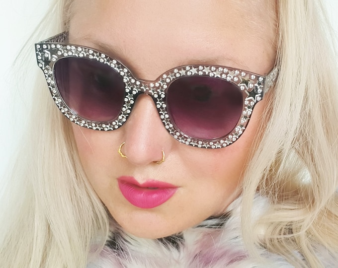 Elvis 70's 90's retro oversized grey disco sunglasses with silver stars & ombre tinted lenses