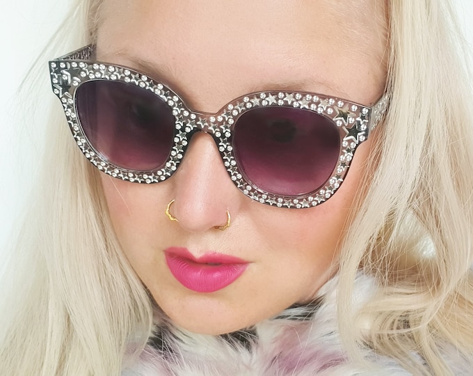 70's 90's retro oversized grey disco sunglasses with silver stars ELVIS