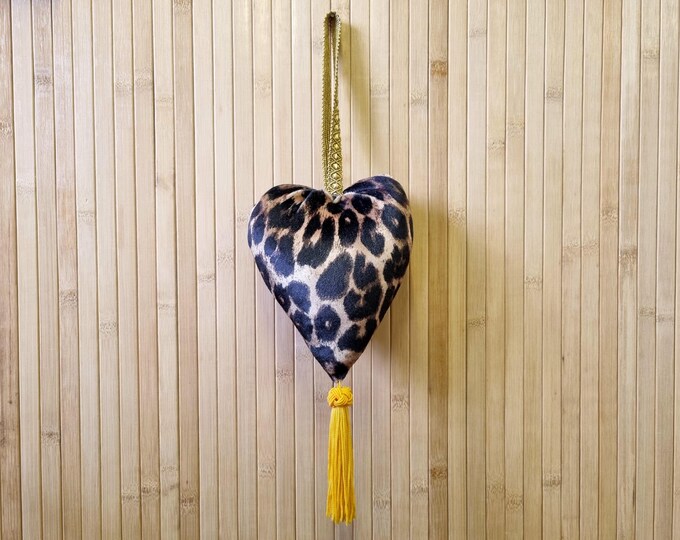 Handmade leopard print velvet heart hanging ornament with tassel