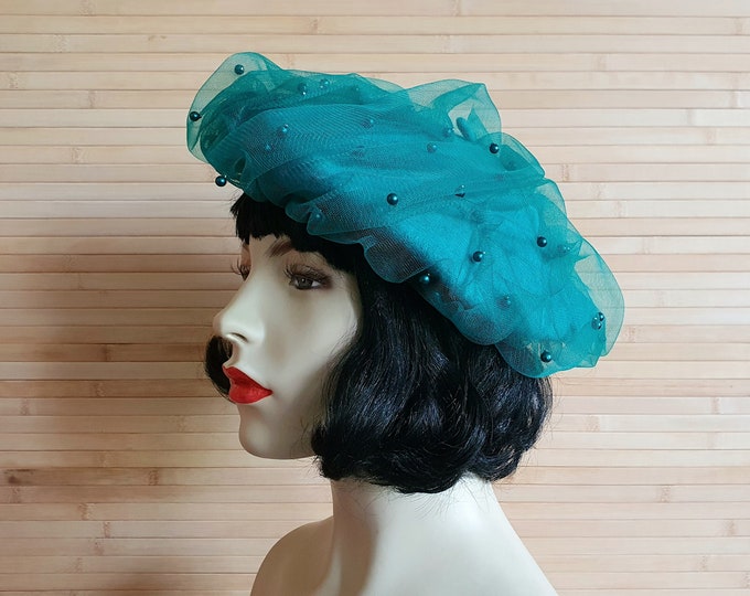 Beatrice - Handmade jade green beret hat with ruched teal beaded pearl veiling