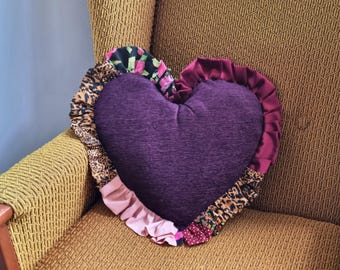 Handmade heart cushion aubergine purple with patchwork ruffle trim