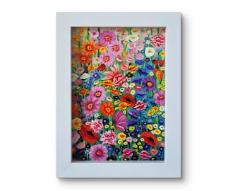 Original acrylic flowers painting on canvas with white frame - Spring Garden (7x5")