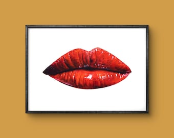 Lips #1 - Freehand red glossy lips oil painting size A3 fine art poster print - Pink or white - gift idea