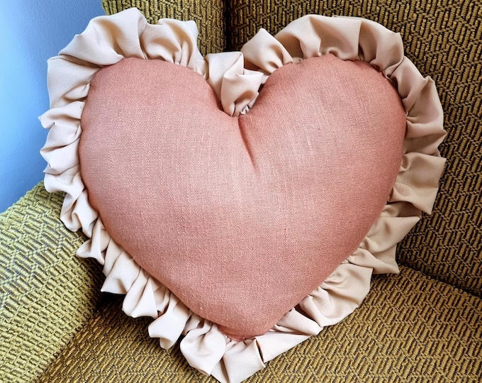 Handmade heart cushion pumpkin orange with caramel ruffle trim