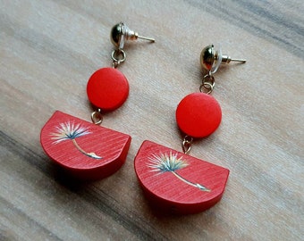 Hand painted dandelion seed wooden earrings available in red green & brown - make a wish