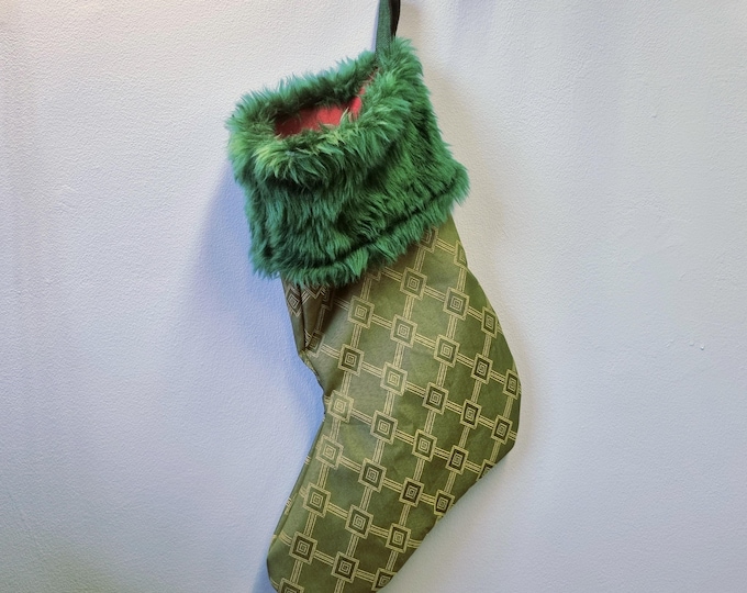 Handmade Christmas stocking vintage fabric & faux fur trim