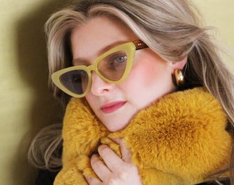Cateye sunglasses retro yellow green with brown tea tinted lenses - SOPHIA