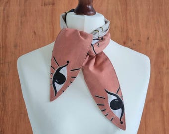 Cotton 'All Seeing Eye' print terracotta necktie handmade neck scarf