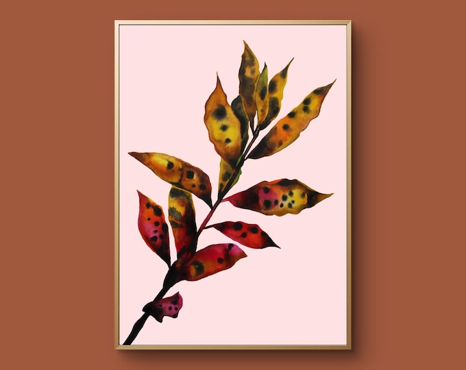 Freehand Laurel watercolour leaves painting size A3 art print - red yellow pink black illustration