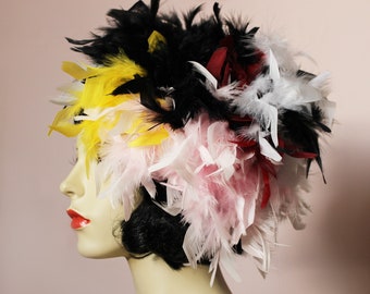 Handmade black white pink burgundy yellow fluffy feather hat fascinator retro vintage style