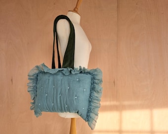Handmade unique blue green quilted ruffle tote shoulder bag