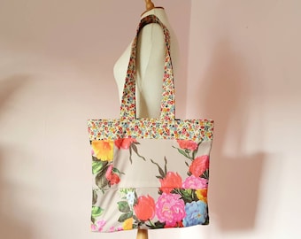 Handmade upcycled 70's floral fabric sustainable shopper tote shoulder bag