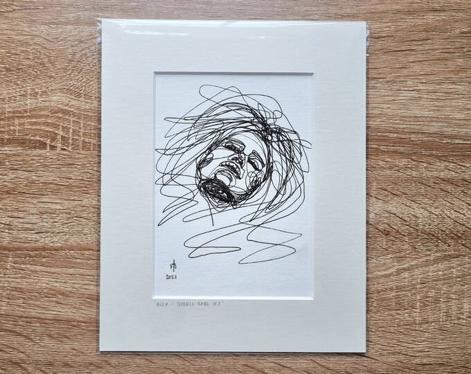 Original art continuous line drawing 'Alex' - Doodle Babes series - size 10" x 8" with mount - freehand black & white illustration