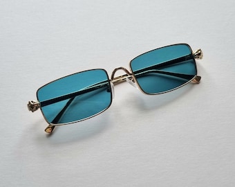Y2K rectangular sunglasses gold frames & teal tinted lenses - DREW