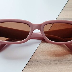 Rose 90's Y2K retro matte blush pink rectangular sunglasses with brown tinted lenses image 7