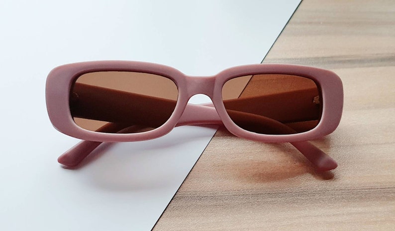 Rose 90's Y2K retro matte blush pink rectangular sunglasses with brown tinted lenses image 7