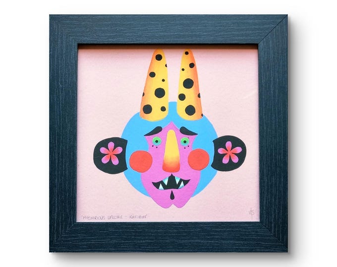 Mysterious Spectre 'Rakibon' original framed ugly cute guardian acrylic painting