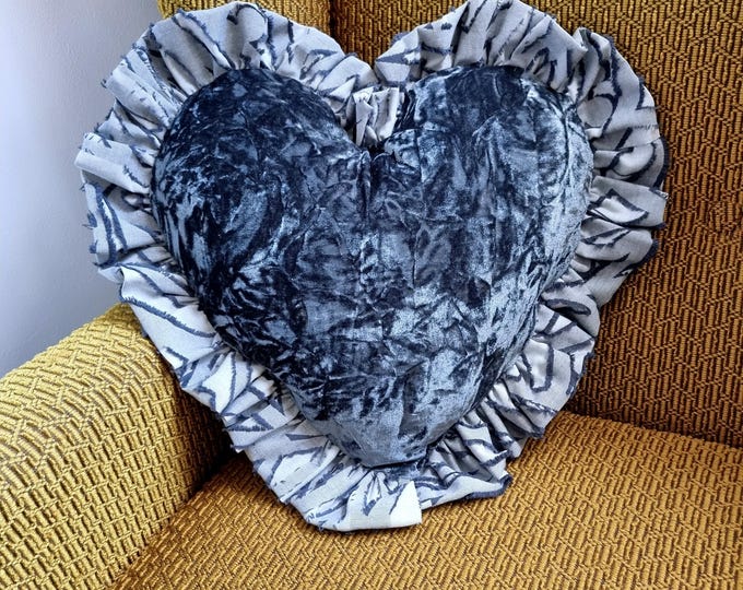 Handmade heart cushion blue grey crushed velvet with cotton ruffle trim