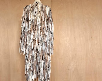 Handmade shaggy beige cardigan with white brown & leopard print rag fringing Size XS