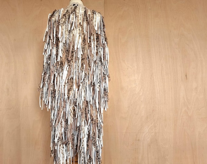Handmade shaggy beige cardigan with white brown & leopard print rag fringing Size XS