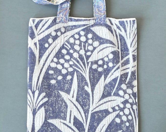 Handmade tote bag upcycled blue plant pattern pillowcase shopper