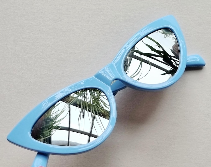 50s 90s retro cat eye sunglasses baby blue &  silver mirrored lenses Penelope