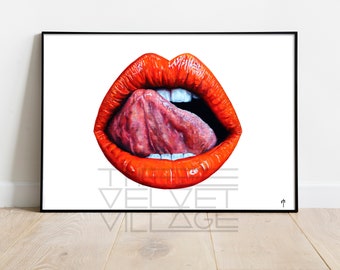 Red lips oil painting art print size A3 poster sexy fine art - Pink or white - LIPS #2