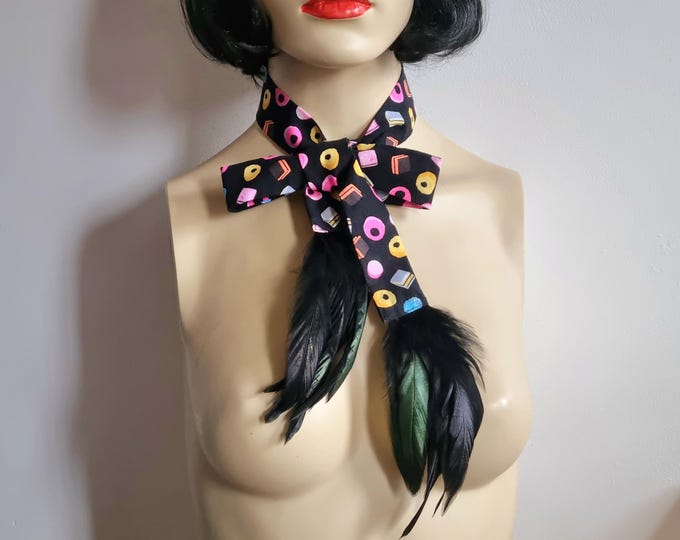 Feather Bolan necktie black liquorice allsorts scarf with black feathers