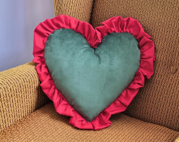 Handmade heart cushion festive dark green with red ruffle trim