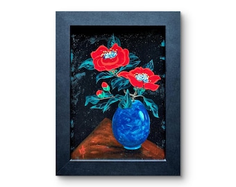 Original acrylic red flowers in vase painting on canvas with black frame - Blue Vase (7x5")